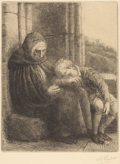 A falnak támaszkodva ülő nő, a fejét az ölébe hajtó gyermek (Ülő nő, háttérben a fal, a fejét az ölébe hajtó gyermek) alkotó: Alphonse Legros