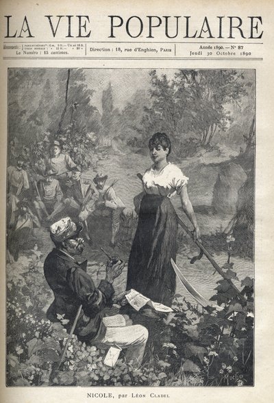 Egy idős férfi levelet olvas egy gyönyörű fiatal parasztnak, aki hamisítványt (aratót) tart. Vadászok figyelik a jelenetet a távolban. Illusztráció: Alfons Maria Mucha (Alphonse Marie Mucha alkotó: Alphonse Mucha