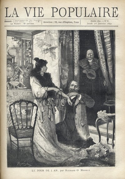 Egy idős férfi gáláns jelenetet lep meg: egy elegáns nő előtt térdelő férfi karkötőt rögzít a csuklójára. Illusztráció: Alfons Maria Mucha (Alphonse Marie Mucha alkotó: Alphonse Mucha