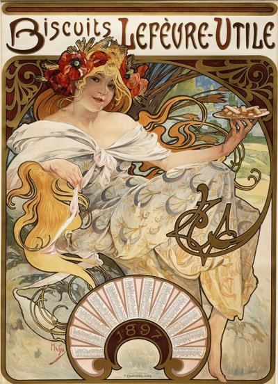 Biscuits Lefevre-Utile", 1897, 1896 naptárnak készült alkotó: Alphonse Mucha
