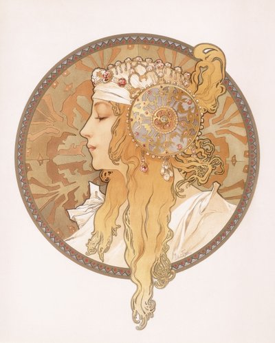 Szőke leányzó bizánci feje; Szőke nő bizánci feje, 1897 körül alkotó: Alphonse Mucha