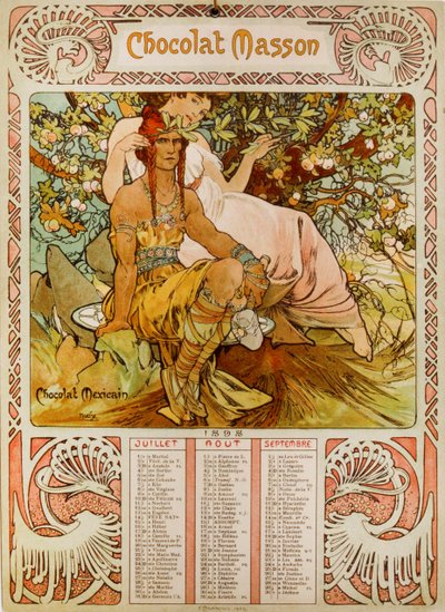Csokoládé Masson naptár, amelyet Mucha (1860 – 1939) illusztrált. cseh szecessziós festő alkotó: Alphonse Mucha