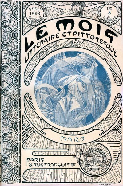 A magazin borítója (havi folyóirat) Az irodalmi és festői hónap – Alphonse Mucha (1860-1939): 1899. március - Maison de la Bonne Presse - alkotó: Alphonse Mucha