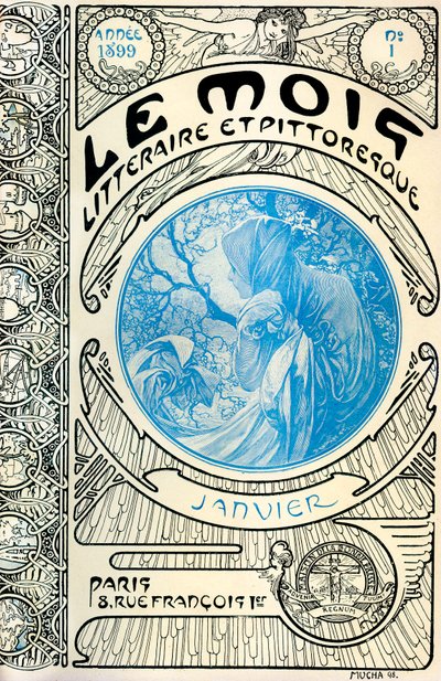 A magazin borítója (havi folyóirat) Az irodalmi és festői hónap – Alphonse Mucha (1860-1939): 1899. január - Maison de la Bonne Presse - alkotó: Alphonse Mucha