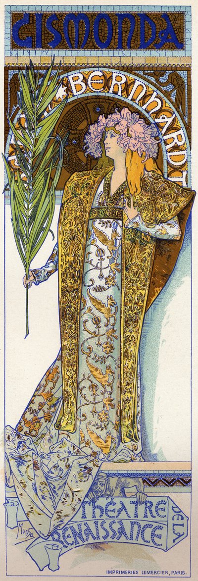 Szórakozás. Gismonda, Victorien Sardou darabja Sarah Bernhardttal a párizsi Theatre de la Renaissance-ban. Plakát: Mucha, Franciaország alkotó: Alphonse Marie Mucha