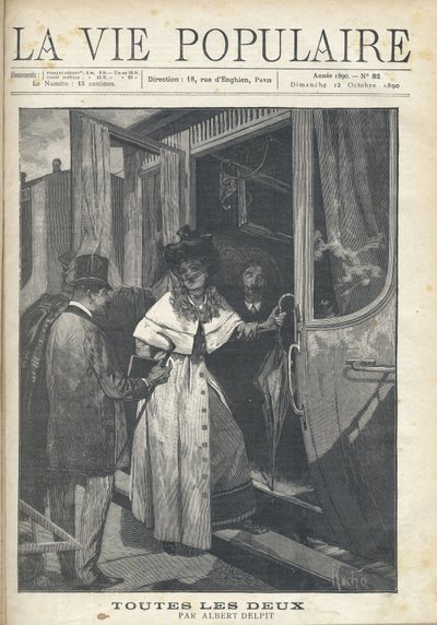 Búcsú a vonatra felszálló férfi és nő között az állomás peronján. Illusztráció: Alfons Maria Mucha (Alphonse Marie Mucha alkotó: Alphonse Mucha