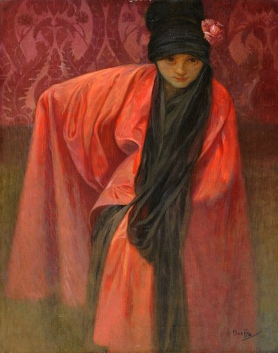 Girl in Red par Mucha, Alfons Marie (1860-1939), c. 1914 - Tempera, vászon, 60,5x47 - Magángyűjtemény alkotó: Alphonse Mucha