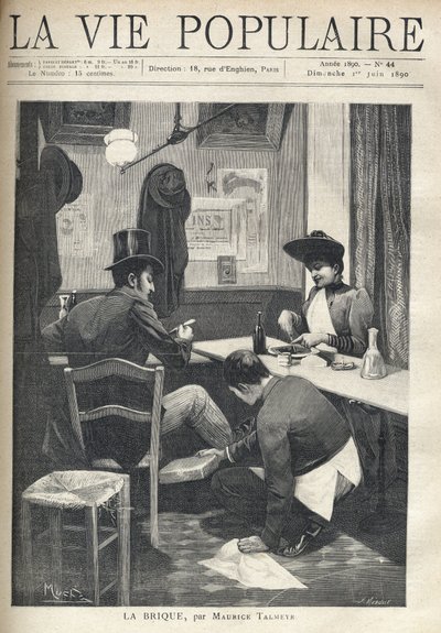 Egy étteremben egy férfi és egy nő külön vacsorázik. A kiszolgáló fiú a férfi közelében kuporog, lába alá forró téglát szerel. Illusztráció: Alfons Maria Mucha (Alphonse Marie Mucha alkotó: Alphonse Mucha