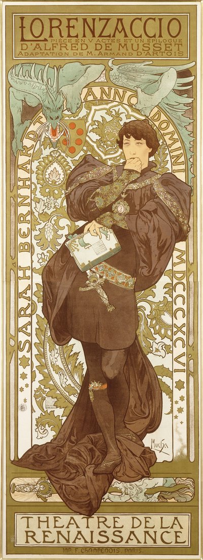 Lorenzaccio, Sarah Bernhardt álló alakját ábrázolja a szerepben, 1896 alkotó: Alphonse Mucha