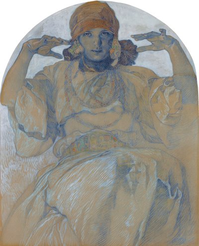 ""A művész lányának, Jaroslava Muchova portréja (1909-1986)" (A művész lányának portréja, Jaroslava) Alphons Mucha (1860-1939) festménye - 1924 körül. Mérete 51x41 cm Magángyűjtemény alkotó: Alphonse Mucha