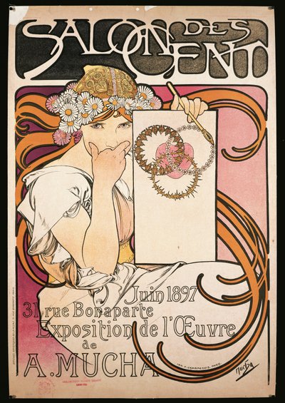 A. Mucha kiállítását reklámozó plakát a Salon des Cent-ben alkotó: Alphonse Marie Mucha