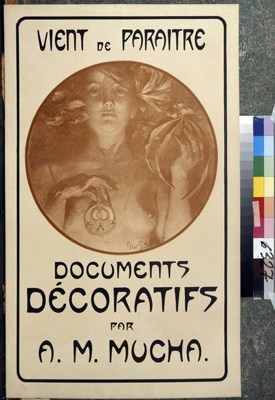 Advertisement for the monograph ""Decorative document by A. M. Mucha." Plakát: Alfons Maria Mucha (Alphonse Marie Mucha alkotó: Alphonse Marie Mucha