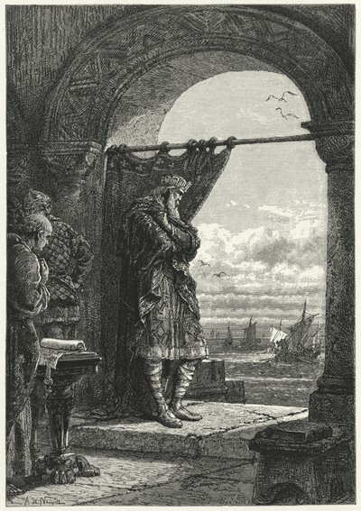 Nagy Károly aggódva figyeli a normann fosztogatókat szállító hajók közeledését (metszet) alkotó: Alphonse Marie de (after) Neuville