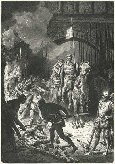 El Cid feleségével, Dona Jimenával felügyeli Ahmed, Valencia mór királya temetkezési máglyájának építését. alkotó: Alphonse Marie de (after) Neuville