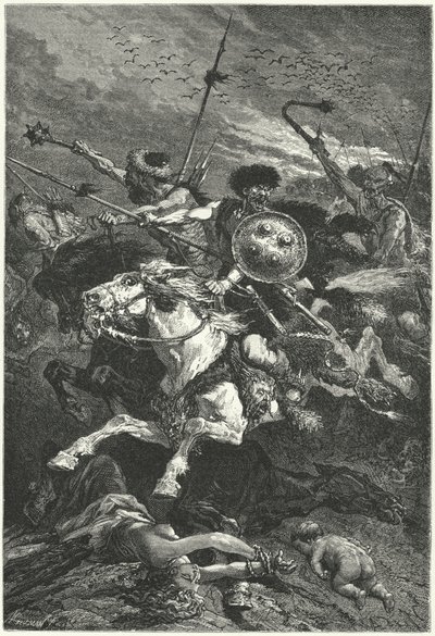 Hunok rohamozók a chalonsi csatában, 451 (metszet) alkotó: Alphonse Marie de (after) Neuville