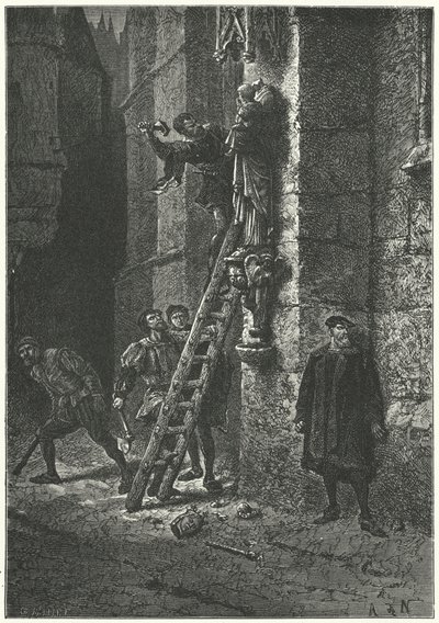 Protestánsok lerombolják a Szűz és a Gyermek szobrát a párizsi Notre Dame-on alkotó: Alphonse Marie de (after) Neuville