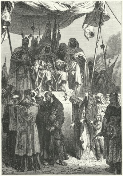 Szaladin az elfogott keresztények elhaladását figyeli Jeruzsálem elfoglalása után alkotó: Alphonse Marie de (after) Neuville