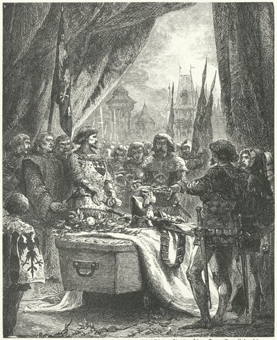 Chateauneuf de Randon parancsnoka Bertrand du Guesclin koporsójára teszi a város kulcsait alkotó: Alphonse Marie de (after) Neuville