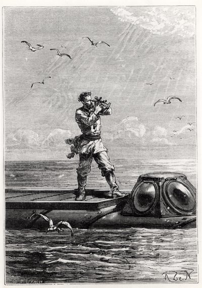 Nemo kapitány a Nautilus tetején, Jules Verne (1828-1905) „20 000 bajnokság a tenger alatt” című művéből, Henri Theophile Hildibrand (1824-97) metszetével alkotó: Alphonse Marie de Neuville