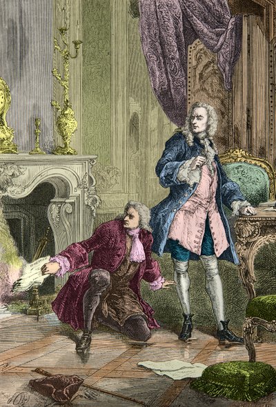 Charles Jean Francois Henault megmenti a La Henriade kéziratát, amelyet Voltaire a tűzbe dobott (metszet). alkotó: Alphonse Marie de Neuville