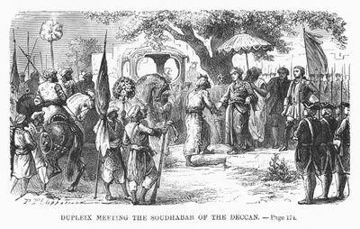 Dupleix találkozás a Deccan Soudhabarjával, illusztrációja M. Guizot „Franciaország népszerű története” című könyvéből, 1885 körül alkotó: Alphonse Marie de Neuville