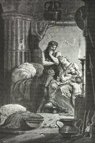 Eponine de Langres szoptatja Julius Sabinus gyermekét egy barlangban (Metszet) alkotó: Alphonse Marie de Neuville
