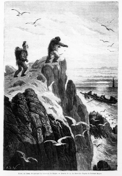 Hans 1860-ban felfedezte Hayes hajóját – Dr. Hayes Neuville-i rajza „A sarkvidék szabadtengere, felfedezőút a sarkvidéki tengereken” alkotó: Alphonse Marie de Neuville