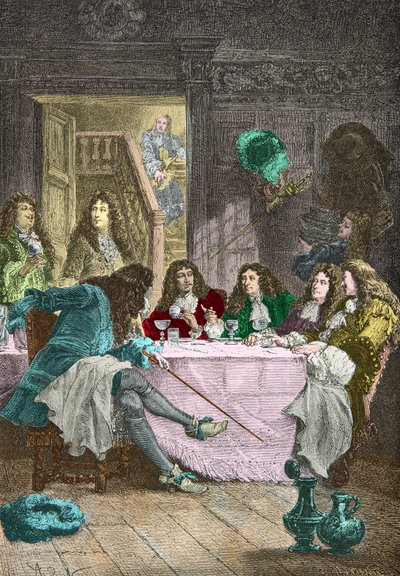 Jean de La Fontaine, Nicolas Boileau Despreaux, Moliere és Racine egy kabaréban vacsoráznak (metszet) alkotó: Alphonse Marie de Neuville