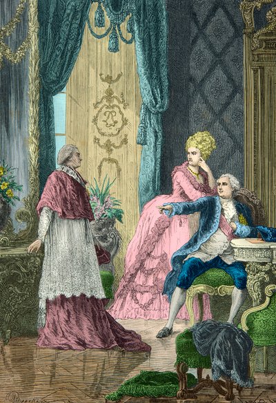 Marie Antoinette és 16. Lajos kikérdezi de Rohan bíborost a nyaklánc-ügyről. alkotó: Alphonse Marie de Neuville