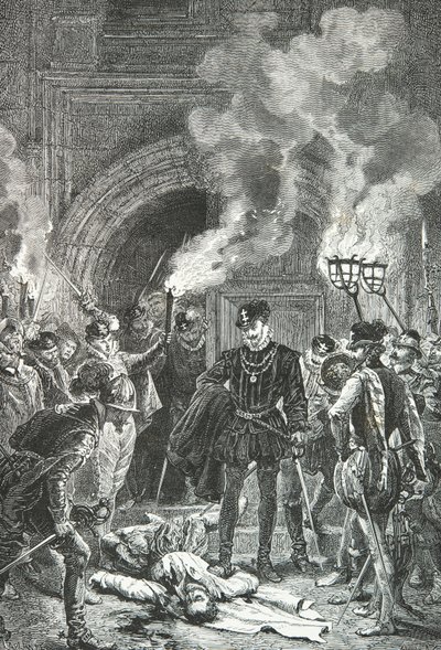 A Saint Barthelemy-i mészárlás, Guise herceg lábbal löki Gaspard de Coligny holttestét (metszet) alkotó: Alphonse Marie de Neuville