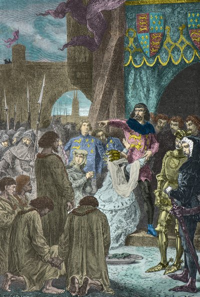 Philippa de Hainaut könyörög 3. Edwardnak, hogy kímélje meg Calais polgárait 1347-ben (metszet) alkotó: Alphonse Marie de Neuville