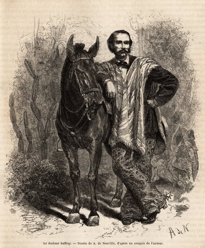 Dr. Saffray portréja, karokkal a hegyén, utazási ruhában, metszet A. de Neuville rajza nyomán, Dr. Saffray, 1869-ben, Dr. Saffray New Granadába tartó utazását illusztrálva, megjelent a „” Le tour du monde”-ban” ” 1873, szerkesztette Edouard Charton, Hachet alkotó: Alphonse Marie de Neuville