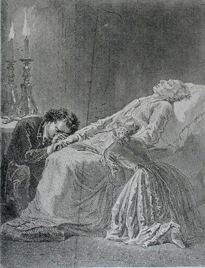 Jean Valjean halála, illusztráció Victor Hugo (1802-85) Nyomorultak című művéből. alkotó: Alphonse Marie de after Neuville