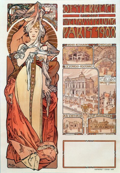 Alphonse Mucha (1860-1939) Ausztria reklámplakátja, képviselve az 1900-as párizsi egyetemes kiállításon - 68x98,5 cm méretű Alphonse Mucha reklámplakátja az „” Ausztria” számára a kiállításon alkotó: Alphonse Mucha