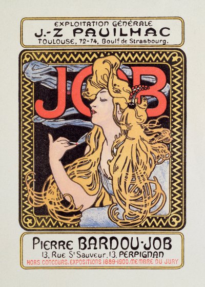 Reklámplakát cigarettapapírhoz Munkahely: Alphonse Mucha (1860-1939) 1900 - V 12x8 cm Reklámplakát cigarettapapírhoz Munka kiadó: Alphonse Mucha, 1900 - Magángyűjtemény alkotó: Alphonse Mucha