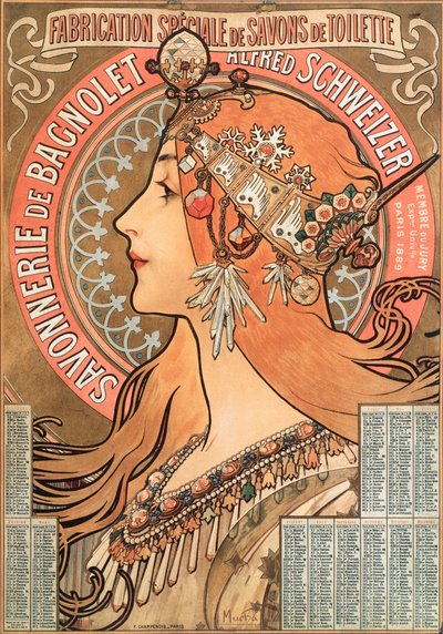 Az 1898-as év naptároldala Alphonse Mucha (1860-1939) reklámillusztrációjának dekorációja a Savonnerie de Bagnolet szappancég számára Alfred Schweizer - Alphons reklámillusztrációja ( alkotó: Alphonse Mucha