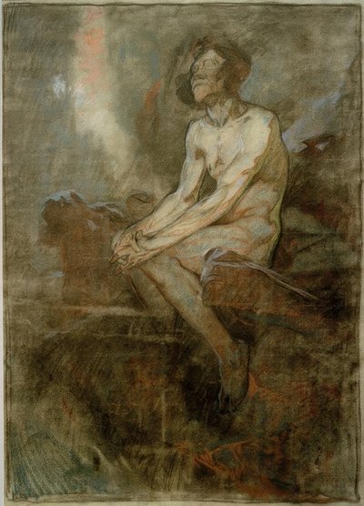 Férfi akt ül egy sziklán alkotó: Alphonse Mucha