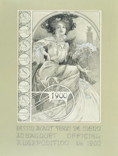A Párizsi Nemzetközi Kiállítás hivatalos bankettje 1900. Az étlap tervezése. alkotó: Alphonse Mucha