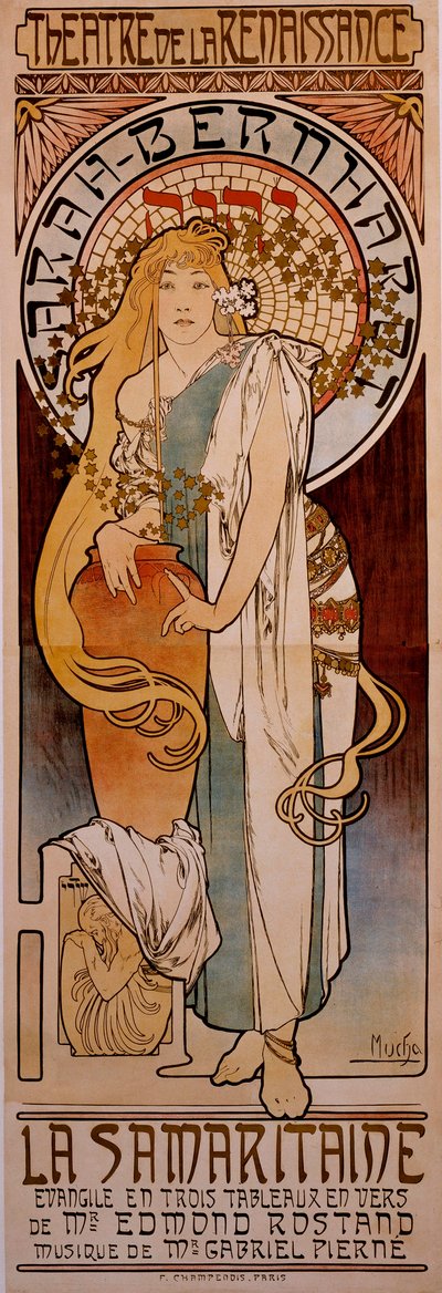 Poszter Edmond Rostand „La Samaritaine” című darabjához, amelyet Henriette Rosine Bernard, Sarah Bernhardt (1844-1923) adott elő 1897-ben a Theater de la Renaissance-ban. Alphonse Mucha (1860-1939) rajza 1897 alkotó: Alphonse Mucha