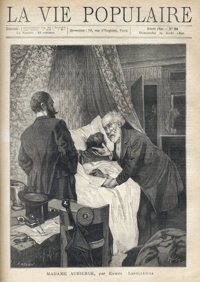 Két férfi az ágy fölé hajol, hogy lássák egy férfi halálát. Az ajtóban más férfiak figyelik a jelenetet. Illusztráció: Alfons Maria Mucha (Alphonse Marie Mucha alkotó: Alphonse Mucha