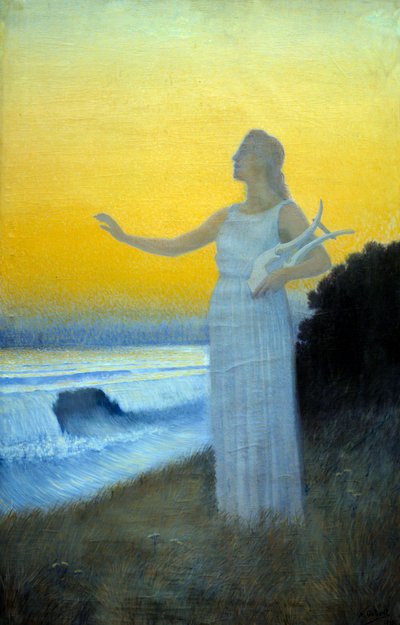 Himnusz a tengerhez Fiatal nő, aki egy lírát tart a tenger felé. Az ókori Sapho görög költőnőjét idéző karakter. Alphonse Osbert (1857-1939) festménye 1900 Magángyűjtemény alkotó: Alphonse Osbert