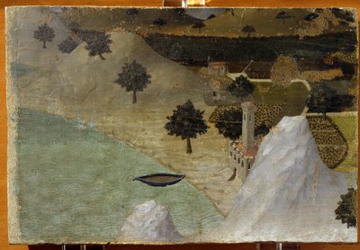 Egy tó mellett álló kastély - tempera panelen alkotó: Ambrogio Lorenzetti