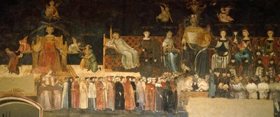 A jó kormányzás allegóriája, Ambrogio Lorenzetti (aktív 1285-1348) részlete az allegóriából és a jó és rossz kormányzás hatásai a városban és vidéken, freskó, Béketerem, Palazzo Publico, Siena alkotó: Ambrogio Lorenzetti