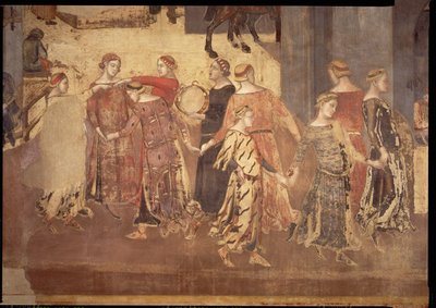 A jó kormányzás hatásai a városban, táncosok és tamburás részlet, 1338-40 alkotó: Ambrogio Lorenzetti