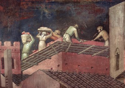A jó kormányzás hatásai a városban, részlet a házat építő munkásokról alkotó: Ambrogio Lorenzetti