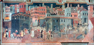 A jó kormányzás hatásai a város életére, részlet, c1330 alkotó: Ambrogio Lorenzetti