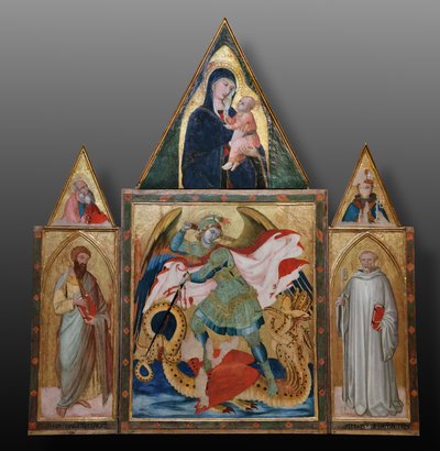 Szent Mihály arkangyal sárkányt ölő Szent Benedek és Szent Bertalan között (tempera, tábla) alkotó: Ambrogio Lorenzetti