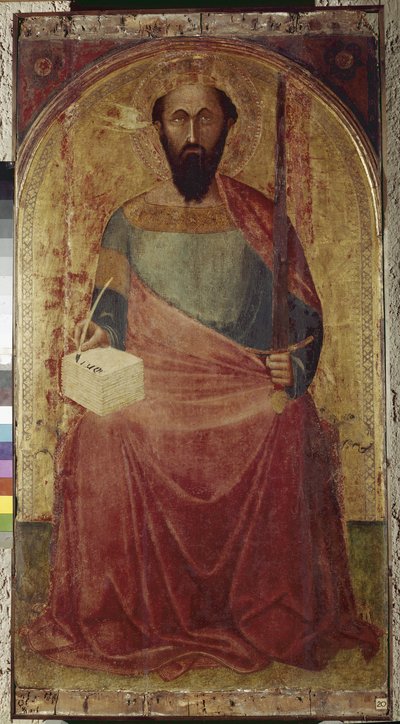 Szent Pál. Ambrogio Lorenzetti (1290-1348) festménye. Festészet fára. Roccalbegna (Grosseto), Szent Péter és Pál templom alkotó: Ambrogio Lorenzetti