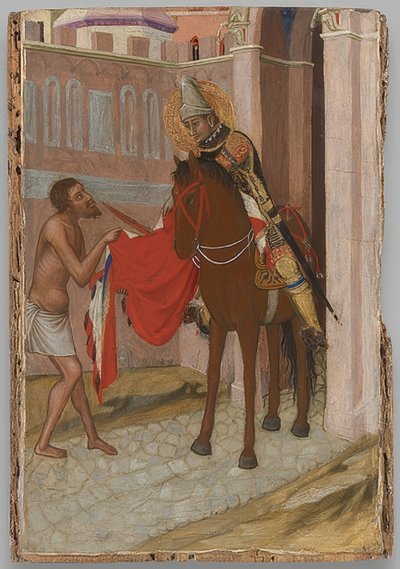 Tours-i Szent Márton megosztja köpenyét egy koldussal. 1340 körül alkotó: Ambrogio Lorenzetti