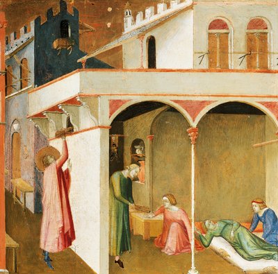 Szent Miklós három szegény lánynak felajánlja a hozományát, részlet Ambrogio Lorenzetti (1290-1348 körül) Bari Szent Miklós csodáiból, tempera fán alkotó: Ambrogio Lorenzetti